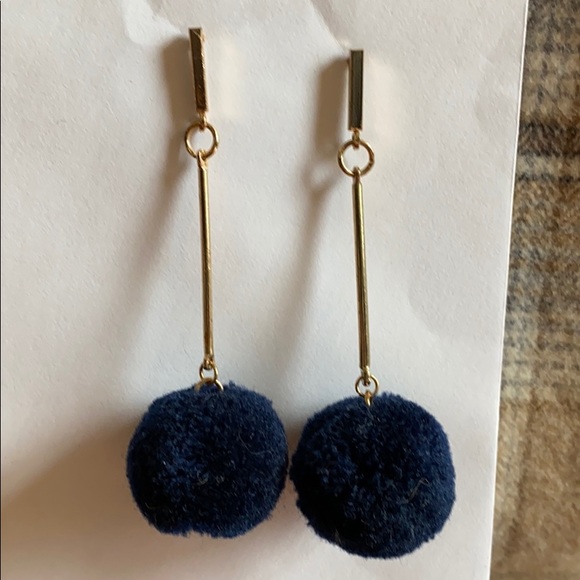 Pair of Dangle Earrings w/ Navy Blue Pom Pom - Picture 3 of 4
